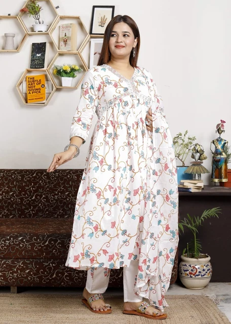 White Cotton Embroidery Work Anarkali Kurti Pant And Dupatta Women Salwar Kameez
