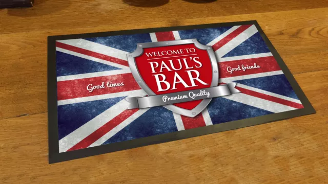 Bar runner mat - Personalised with your name Union Jack Chrome Bar runner