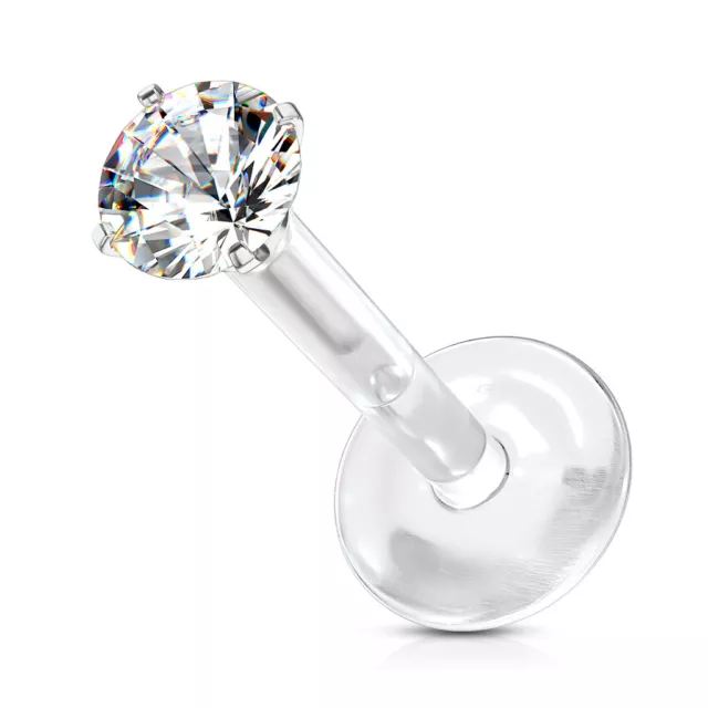 Bioflex crystal labret helix ear bar earring push fit clear crystal in 2 OR 3MM