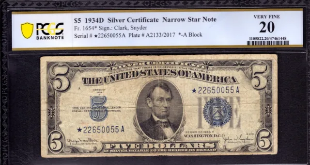 1934 D $5 Silver Certificate Star Note Fr.1654* Scarce Narrow Pcgs B Vf 20