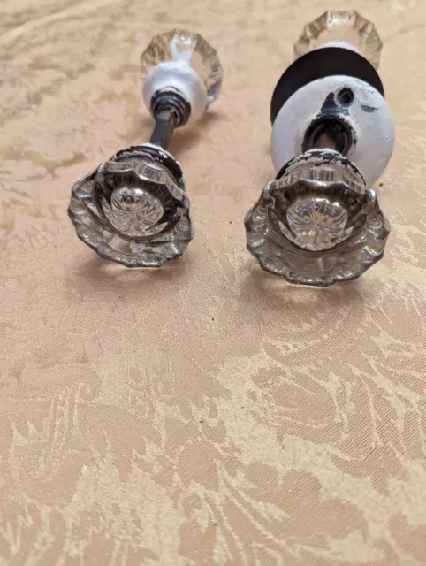 1900s Antique Vintage Glass Door Knobs Set with Spindle 12 Point Crystal