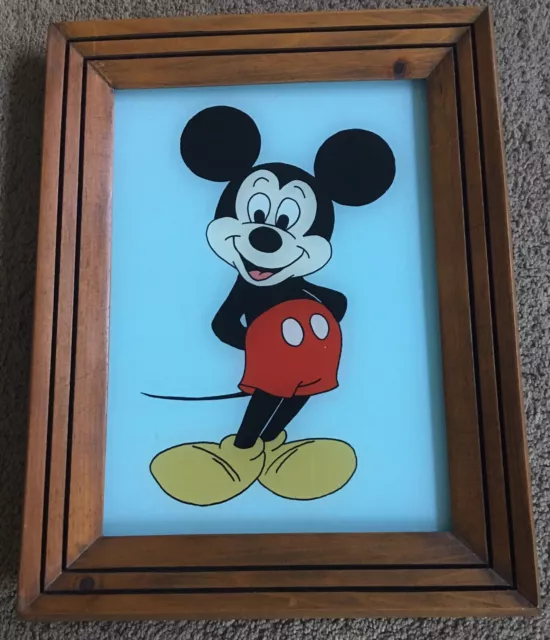 Mickey Mouse Reverse Wall Art  Decor Hand Painted On Glass 11"x14" Wooden Frame