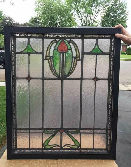 antique WINDOW STAINED LEADED GLASS  ART NOUVEAU ( GENEROUS SIZE)