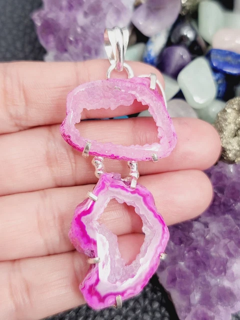 Solar Drusy Agate Quartz "PINK" Sterling Silver Pendant 3" w/ Chain 20"