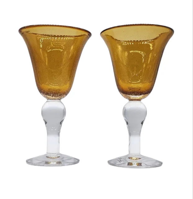 Set Of 2 Large All Purpose Hand Blown Amber Glasses Goblets Bubbles Clear Stem