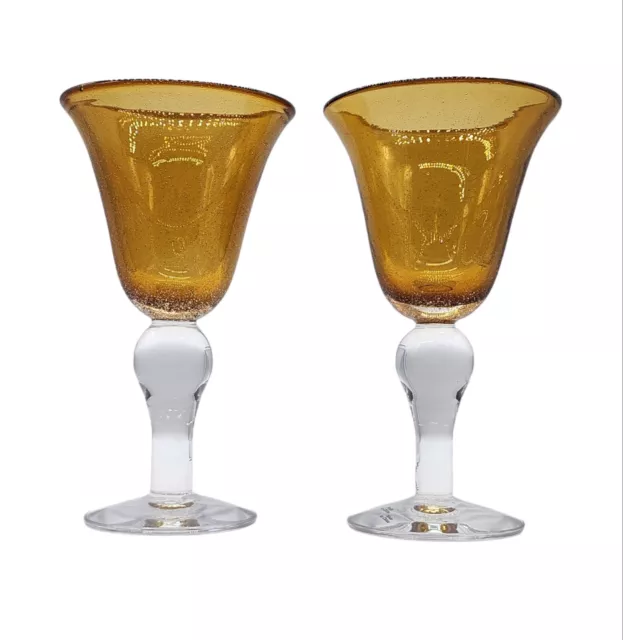 Set Of 2 Large All Purpose Hand Blown Amber Glasses Goblets Bubbles Clear Stem