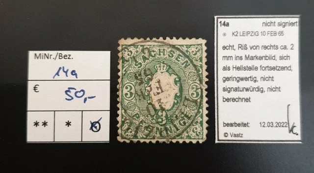 1863 Sachsen Nr. 14a, sauber gestempelt, geprüft Vaatz (Michel: 50€)