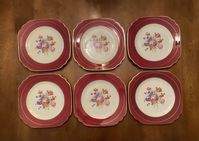 Syracuse China OPCO Old Ivory Salad Plate Maroon & Gold Rim Flowers 8” Set of 6