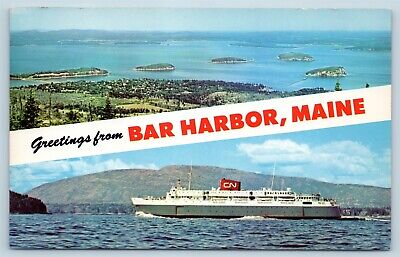 Postcard ME Banner Dual View Greetings From Bar Harbor Maine Vintage O15