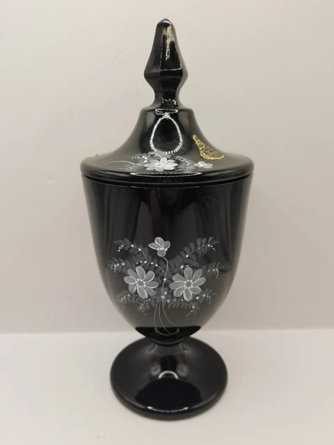 Fenton Black Art Glass Candy Jar Urn w/Lid Hand Painted Signed Partial Stickers