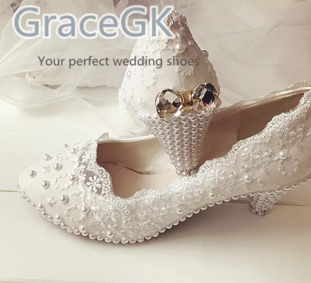 Lace white ivory crystal Women's Wedding shoes Bridal flats low high heel pump