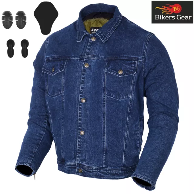 Mens Motorbike Touring Denim Jacket Motorcycle Blue Shirt Kevlar Lined CE Armour