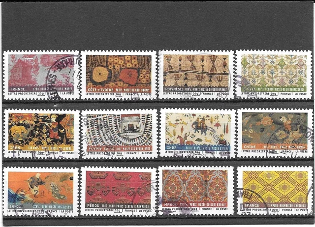 France 2011.Tissus Du Monde.serie Complete De 12 Timbres Autoadhes Cachets Ronds