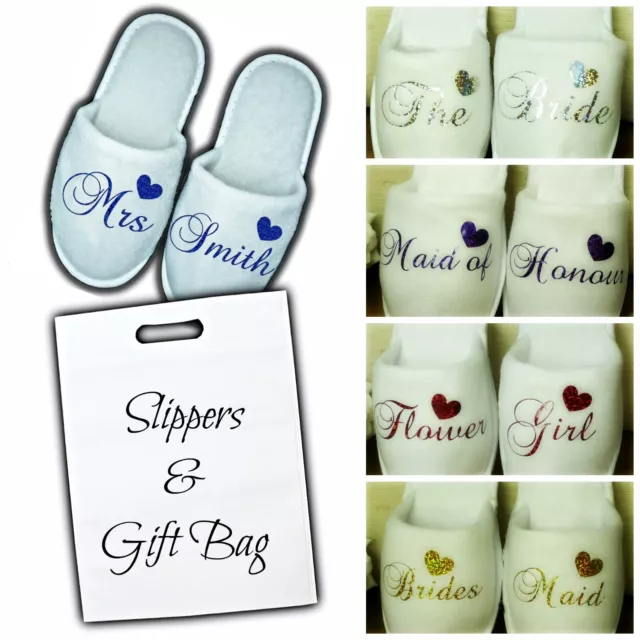 Personalised Closed Toe Spa Slippers White Any Name Message Wedding Glitter Bag