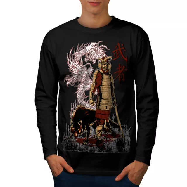 T-shirt Wellcoda Japan Dragon Wolf da uomo a maniche lunghe, grafica Katana