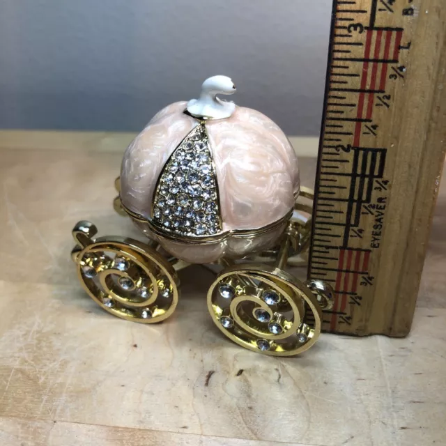 Cinderella Pink Pumpkin Carriage Coach Trinket Box swirl enamel & rhinestone