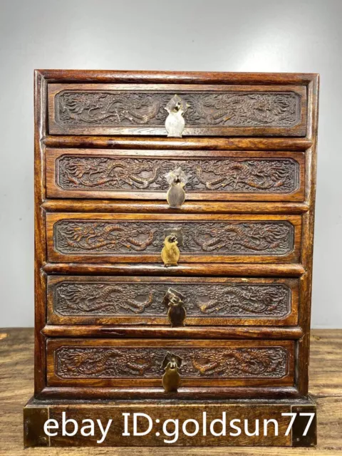 11.6Rare Chinese handmade Exquisiten Huanghuali Wood dragon five fight tea chest