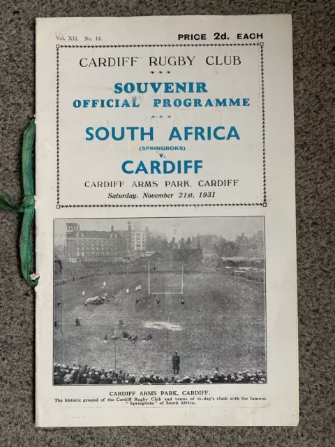 Cardiff v South Africa Rugby Union Programme 21st November 1931  Cardiff Arms Pk