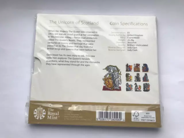 2017 The Queens Beasts ~ The Unicorn Of Scotland Bu Five 5 Pound Royal Mint Pack 3