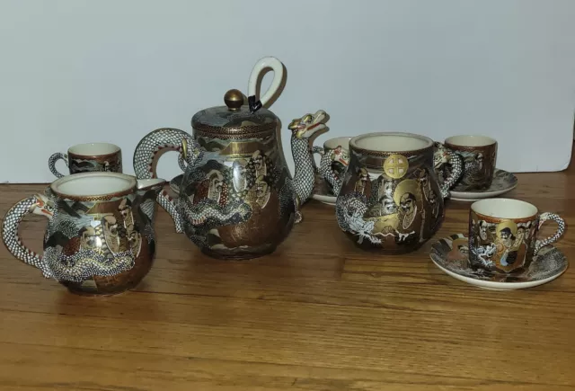 13 Pc Antique Japanese Satsuma  Dragon Teapot Tea Service Set Meiji Era Marked