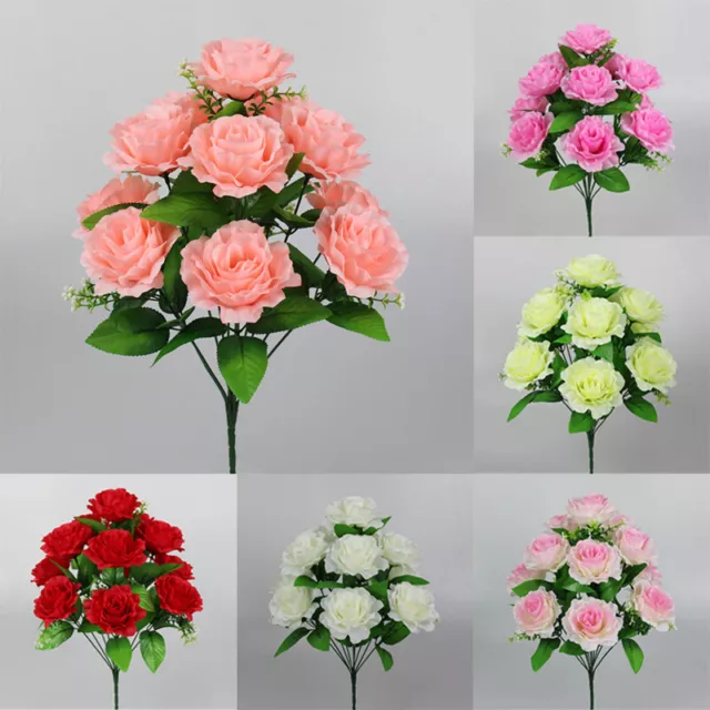 12Heads Silk Rose Artificial Fake Flowers Bouquet Grave Wedding Party Home Decor