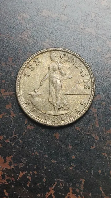 1945 D US Philippines 10 Centavos Silver UNC Original Toning                S266