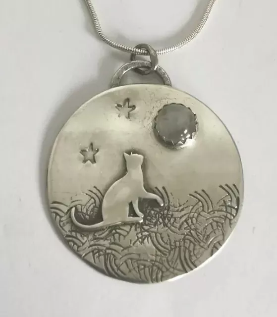 Handmade Sterling Silver Cat Moonstone Artisan Pendant Necklace Unique Gift