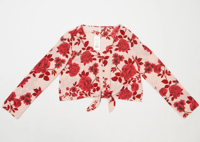 Top Miss Selfridge 16 rosa rosso floreale cravatta anteriore tagliata Chintz Cottagecore