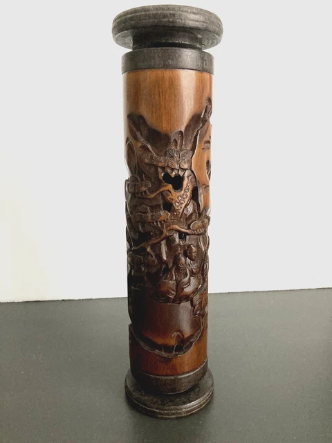 Chinese Bamboo Incense Tube Hand Carved Pierced Scholars Lotus Signed Censer