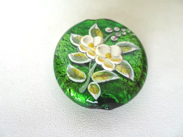 Murano Lampwork Glass Beads Gold Foil Green With Raised Flower Design