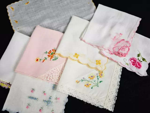 8 Vintage Handkerchief Hankies Linen Floral Crochet Lace 1950s 60s Estate Find