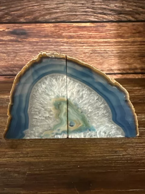 Large Agate Geode Blue Bookends- Amazing Colors Unique Patterns - 8.75lbs