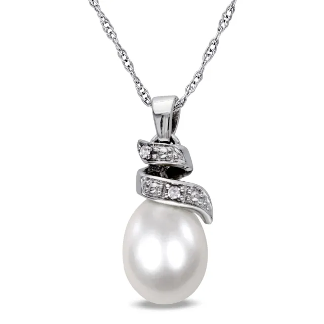 Amour 10k White Gold Cultured Freshwater White Pearl and Diamond Drop Necklace
