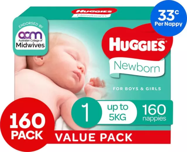 Huggies Newborn Size 1 Up To 5kg Nappies 160pk