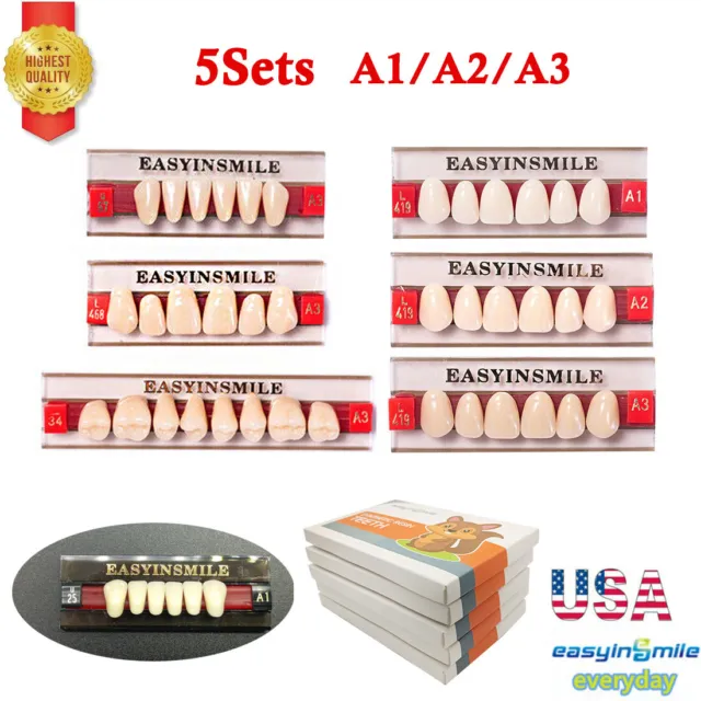 5Sets Dental Acrylic Resin DIY False Denture Upper Lower Full Set Shade A1/A2/A3