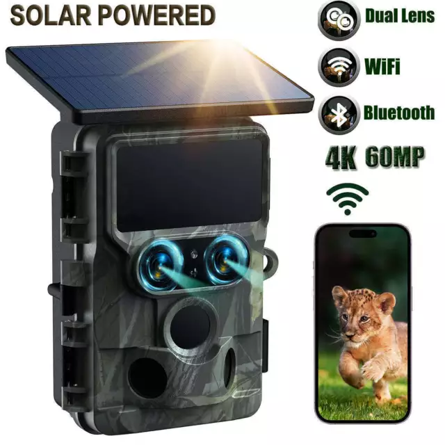4K UHD 60MP Solar Wildkamera WLAN Duales Objektiv Überwachungskamera Jagdkamera