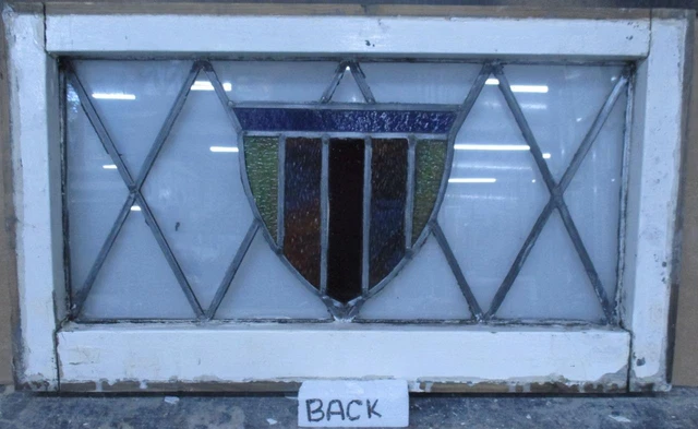 MIDSIZE OLD ENGLISH LEADED STAINED GLASS WINDOW Cute Shield 25.5" x 15" 3