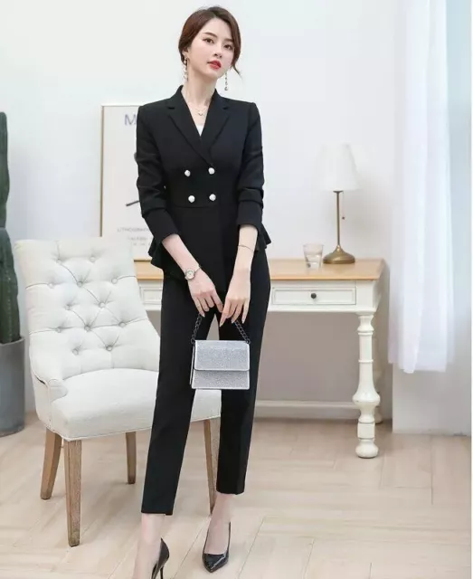 Tailleur completo donna nero elegante giacca manica lunga pantalone 4882
