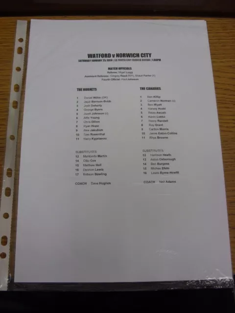 25/01/2014 Watford Youth v Norwich City Youth [FA Youth Cup] (single sheet). Tha