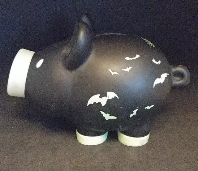Rare Old Navy Halloween Black Piggy Coin Bank Glow in the Dark Flying Bats (AA)