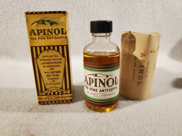 Botella Antiséptica de Colección Apinol Aceite de Pino ~ Wilmington NC ~ Caja de Botellas y Documento