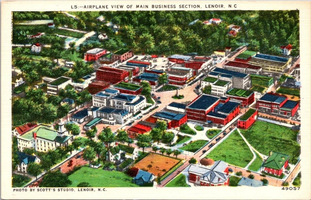 Airplane View Main Business Section Lenoir North Carolina Linen Postcard