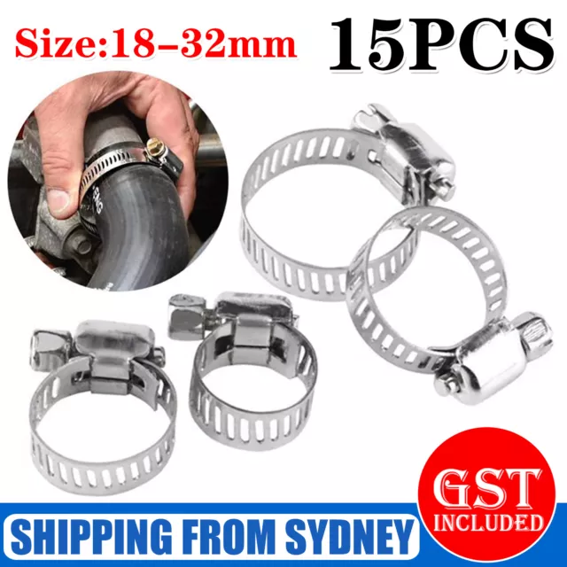 15PCS 18-32mm Hose Clamps Clip 304 Stainless Steel Adjustable Spring Pipe Fuel
