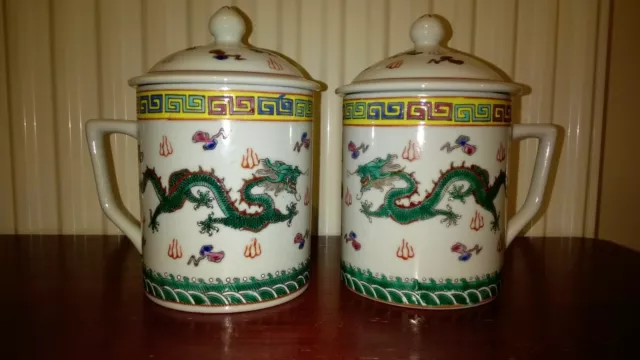 Pair Porcelain Ceramic Dragon Tea Coffee Fast Noodles Mugs with Lids