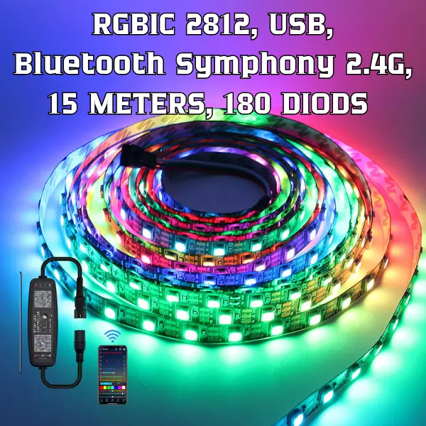 Bande lumineuse LED RGB 2812, 15 mètres, USB, 12 diodes par mètre,...