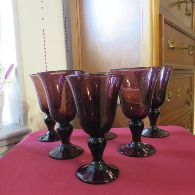 6 Vasos de Agua de Cristal Soplado Y Burbuja Color Amatista Firmado Biot