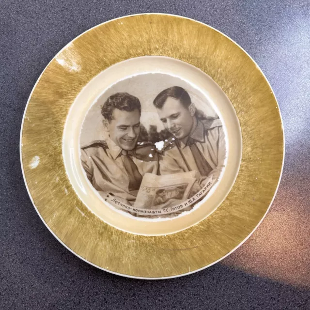 Very rare commemorative bakelite plate with Soviet cosmonauts Gagarin and Titov.