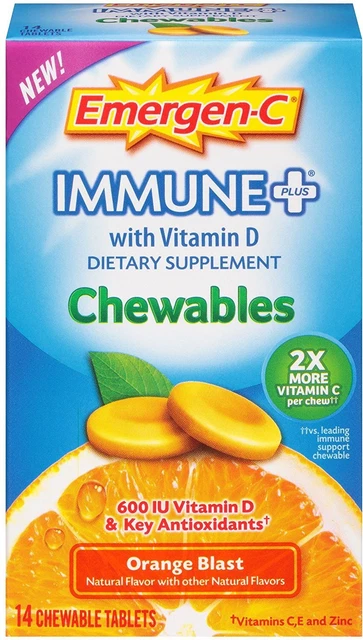 Masticables Emergen-C Immune Plus con vitamina D, paquete de 2 unidades Orange Blast de 14