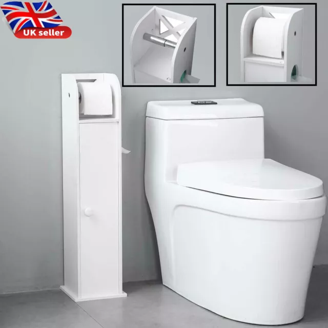 White Wood Free Standing Toilet Paper Roll Holder Bathroom Storage Cabinet UK