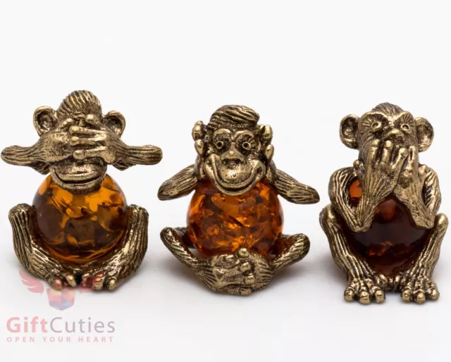 Solid Brass Amber Figurine 3 Three wise monkeys see hear speak no evil IronWork